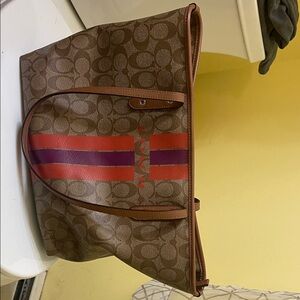Brown Coach Tote Bag with Red and Purple Stripes